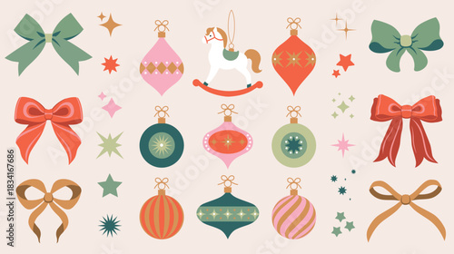 Christmas ornaments. Trendy minimalist geometric style. Merry Christmas. Cartoon, flat vector illustration. Xmas background. Patterns: stripes, stars, sparkles. Christmas tree decor. Winter, december