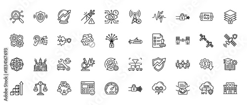 Cybersecurity and networking line icon set. vector pictograms of data analysis, brain shield, optical fiber, wireless antenna, and digital lock, thin outline illustration.