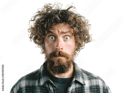 Ultra-realistic anxious man with fearful expression standing on transparent background, wide eyes and tense posture in soft studio portrait lighting