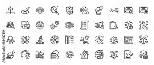 Security and compliance line icon set. Vector pictograms of key, shield, lock, certificate, gavel, scale, magnifying glass, cloud, server, thin outline illustration.