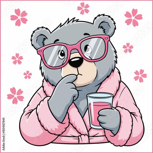 Cartoon bear in a bathrobe and glasses drinks juice. Funny animal character relaxes, showing self-care and thoughtful mood