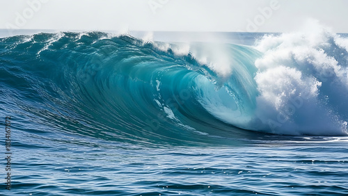 Fototapeta Naklejka Na Ścianę i Meble -  A powerful, curling ocean wave with turquoise water, illuminated by sunlight, breaking on a beach with white foam