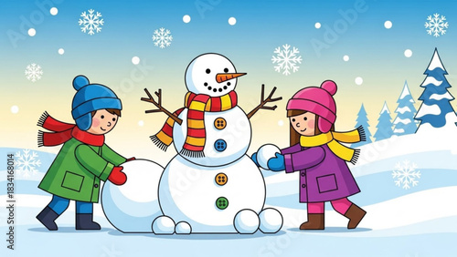 Children happily building a snowman together in a snowy winter landscape with falling snowflakes and pine trees in the background