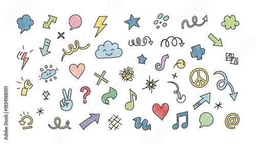 Artistic Doodle Array: An artistic assortment of hand-drawn doodles, capturing a mix of shapes and symbols, perfect for adding a touch of playful creativity.