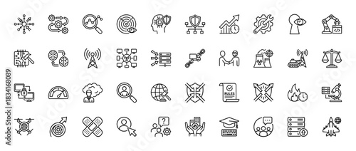 Technology and data line icon set. Vector pictograms of network, security, optimization, and analysis concepts, thin outline illustration.