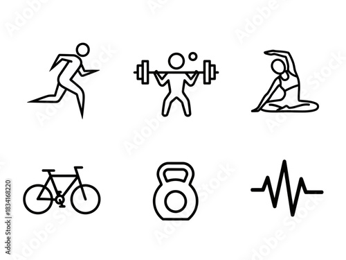 Collection of Fitness Icons Running, Weightlifting, Yoga, Cycling, Kettlebell, and Heart Rate