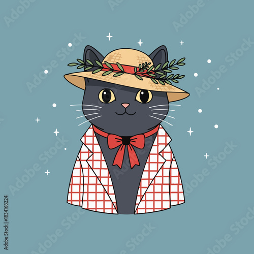 Charming cartoon black cat wearing a straw hat adorned with greenery and a festive red bow tie