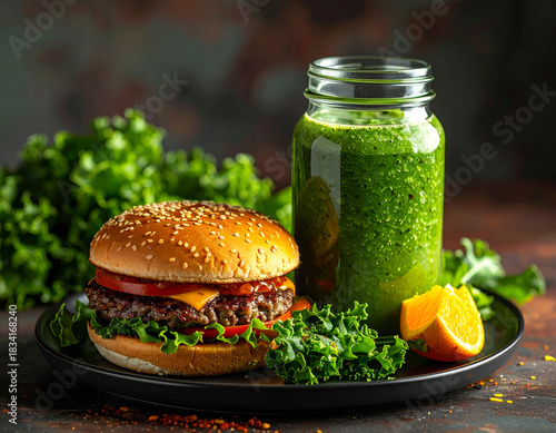 Delicious Burger and Green Smoothie
