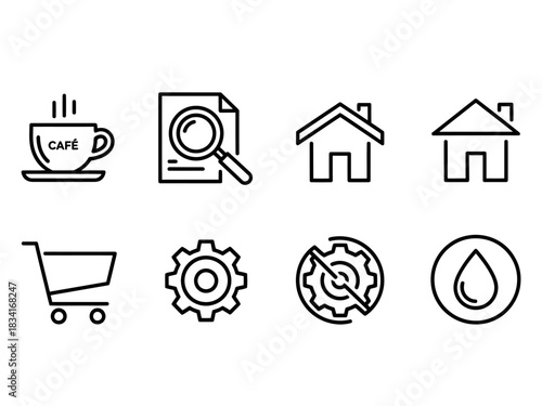 Set of vector icons representing cafe, search, house, shopping cart, settings, and water drop for diverse applications