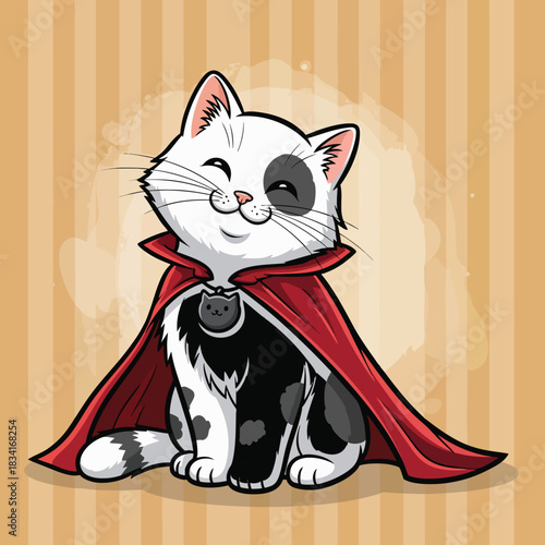 Charming cartoon cat dressed as a vampire with a red cape