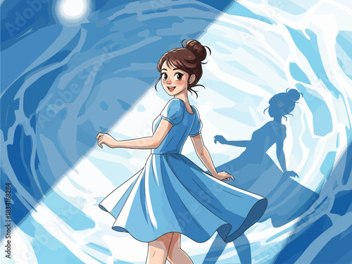 Young woman in a blue dress gracefully dancing in a bright, abstract water-like environment