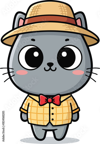 Charming cartoon grey cat wearing a straw hat and a yellow plaid shirt with a red bowtie