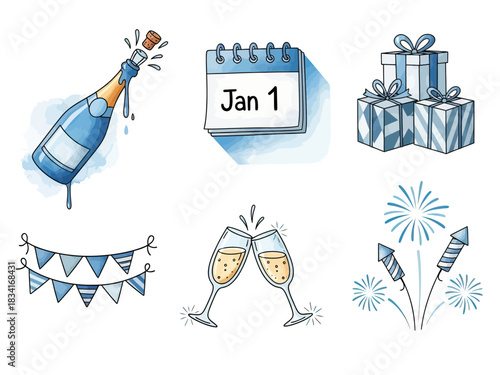 Celebration Icons Champagne, Gifts, Fireworks, and New Year's Day Calendar