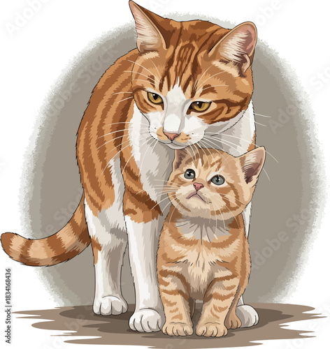 Charming illustration of an adult orange tabby cat affectionately watching over its small kitten, representing themes of parental care, family, and childhood innocence