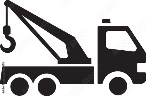 Black tow truck icon with a lifting hook on transparent. Three tow trucks line art icons 