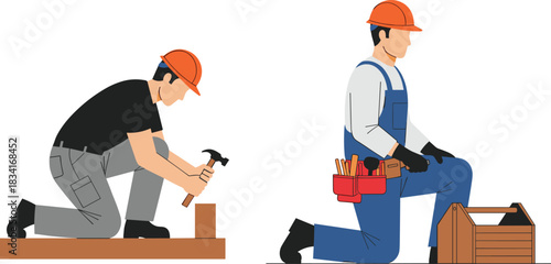 Construction workers illustration, manual labor, safety helmet, toolbox tools, hammering task, workwear gear, industrial job, teamwork scene, realistic drawing