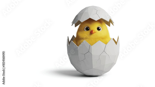 Hatching Chick's Arrival: A fluffy yellow chick, peeks out from its newly hatched egg, conveying innocence and the miracle of new life.