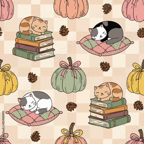 Charming seamless pattern featuring cute sleeping cats resting on books and cushions among stylized pumpkins and pinecones