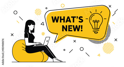 Woman using laptop with what's new announcement illustration