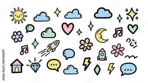 Playful Symbols and Whimsical Icons: A delightful assortment of hand-drawn icons featuring sun, clouds, stars, diamonds, hearts, moon, music notes, speech bubbles, flowers and rockets.