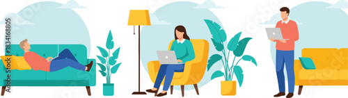 People working and relaxing at home vector illustration set showing laptop use rest and modern indoor lifestyle