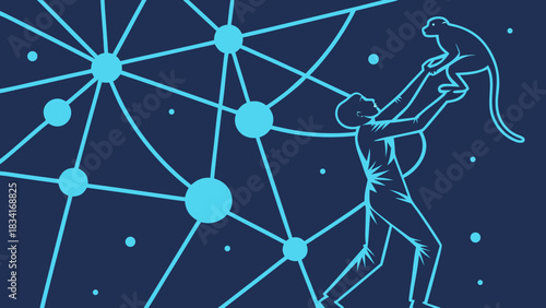 A digital illustration of a person raising a monkey amidst a web of interconnected nodes, symbolizing relationship and exploration.