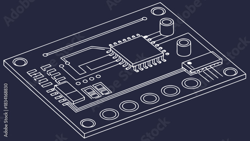 Illustration of a circuit board design with microchips and components on a dark background.