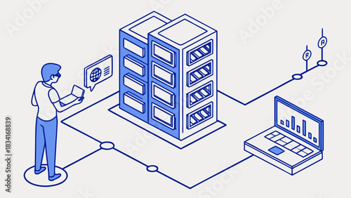 A young man is analyzing data from a laptop while engaging with cloud servers in a digital environment.