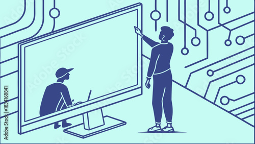 A male and female team collaborate on a digital project, merging technology and creativity in a vibrant graphic illustration.