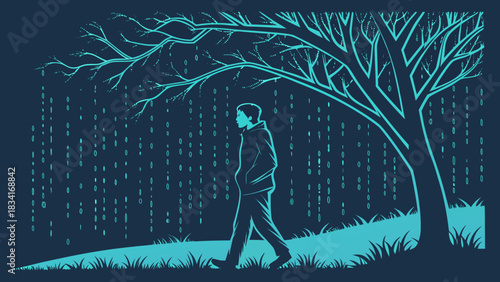 A contemplative young man walks under a binary tree, immersed in a digital landscape that blends technology with nature.