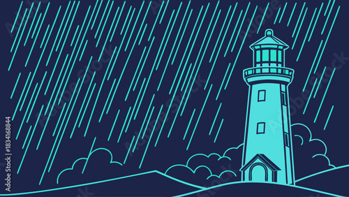 A stylized blue lighthouse stands against a backdrop of falling rain, evoking a sense of solitude and tranquility.