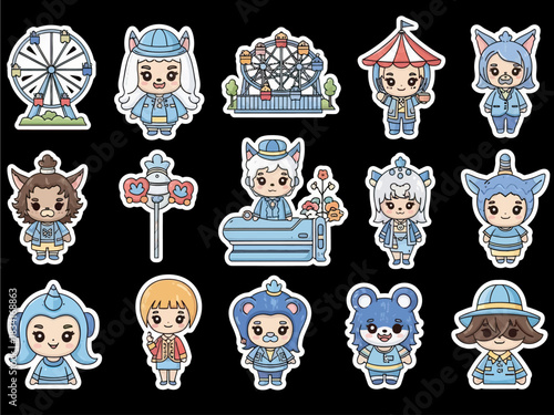 Cute Animal Characters in Amusement Park Theme Sticker Pack
