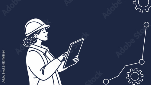 A female engineer in a hard hat, smiling while using a tablet, set against a dark blue background with gears motif.