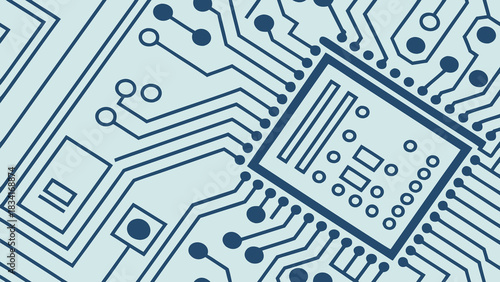 Close-up of a modern microchip circuit design in blue tones, showcasing intricate pathways and electronic components.