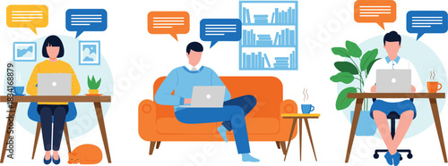 People working from home vector illustration set showing remote work online communication and home office lifestyle