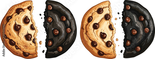 Cookie contrast illustration, burnt vs golden, chocolate chip texture, dessert symbolism, duality concept, snack art, food metaphor, visual design
