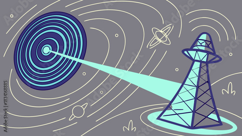 A stylized illustration of a communication tower emitting waves into space, surrounded by planets and cosmic elements.