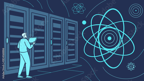 A male figure interacting with servers while surrounded by graphics of atoms and energy waves, symbolizing technology and science.