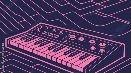 An illustration of a synthesizer with vibrant pink hues against a dark background, capturing a modern musical vibe.