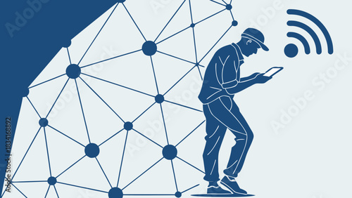 A focused male figure interacting with a tablet amid a network design, symbolizing technology and connectivity.