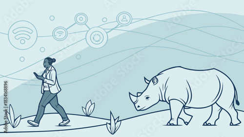 A young Black woman walks alongside a rhino in a stylized digital landscape filled with connectivity symbols.