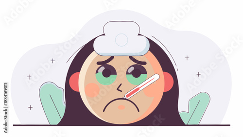 Sick girl with a fever, showing concern, wearing a headband and holding a thermometer.
