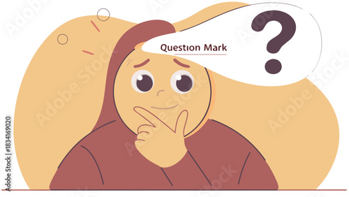 Thoughtful young woman with a question mark illustration, pondering her next move.