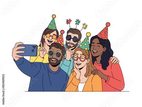 A group of five friends wearing party hats and glasses, taking a selfie with a smartphone, celebrating together.