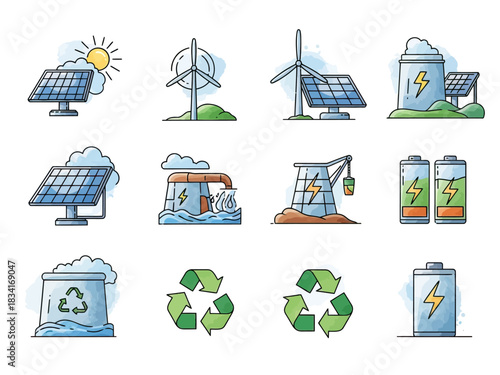 Set of icons representing renewable energy sources and recycling