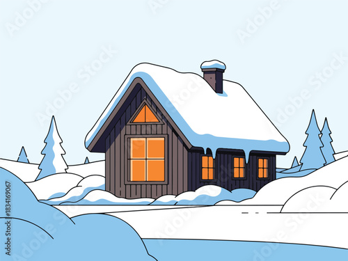 Cozy wooden cabin buried in deep snow illuminated windows winter forest