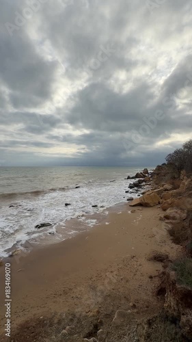 View to Black Sea Coastline and Beach near Odessa in Cloudy Day