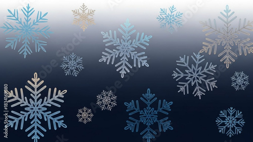 A beautiful winter scene with a gradient background and scattered snowflakes in various sizes and shades of blue and gold evoking a feeling of cold and festive holiday spirit