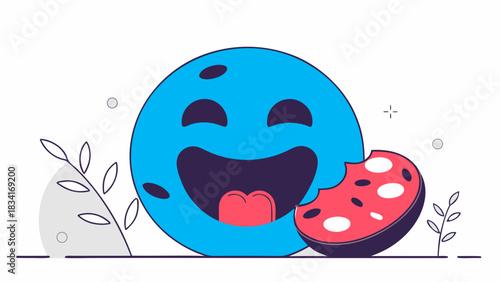 A cheerful blue cartoon character joyfully enjoying a colorful cookie, surrounded by simple plants.