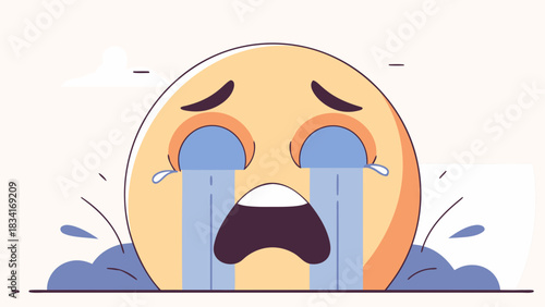 A cartoonish, yellow emoticon with big blue tears, expressing sadness with a dramatic frown against a light background.
